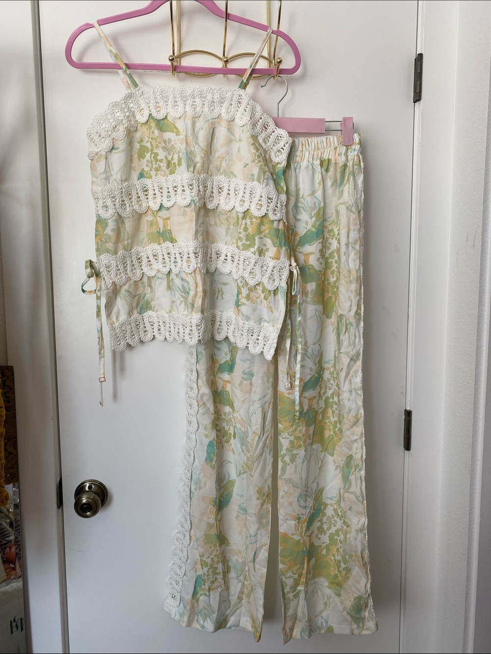 Floral Lace-Trim Wide Leg Pants & Camisole Set in Pastel -  New!